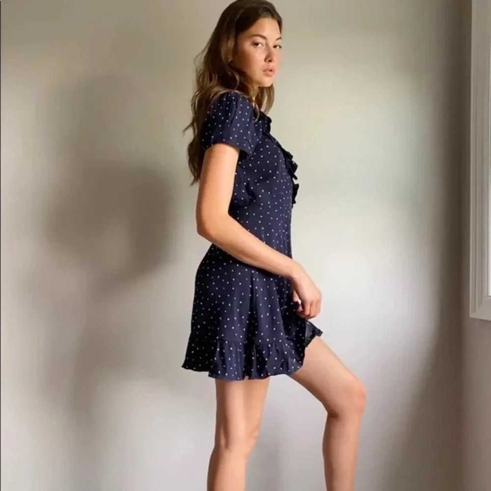 Aritzia SUNDAY BEST Navy Blue White Heart Ruffle Wrap Mini Dress 0 XS Party Work